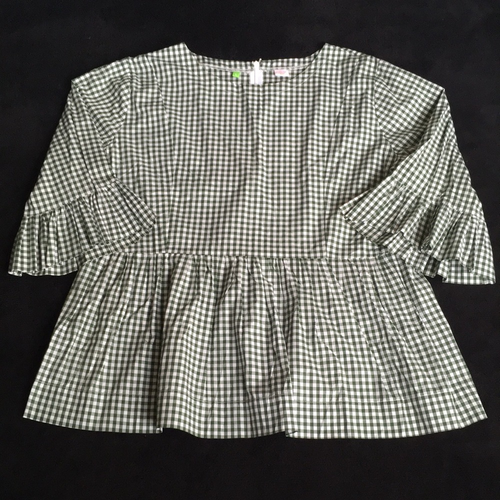 Green and White Plaid Checkered Smock Shirt